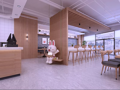 Modern Restaurant Interior With Wooden Partitions Bar Stools Rabbit Decor Open Space And Large Windows 3d model