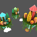 Art Installation With Hanging Islands Colorful Buildings Animal Elements Green Vines And Cloud Decorations