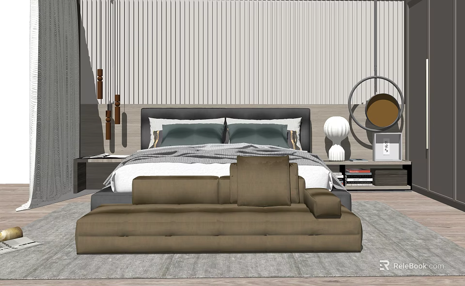 Elegant Double Bed Background With Vertical Striped Wall Bedside Lamps And Brown Sofa 3d model