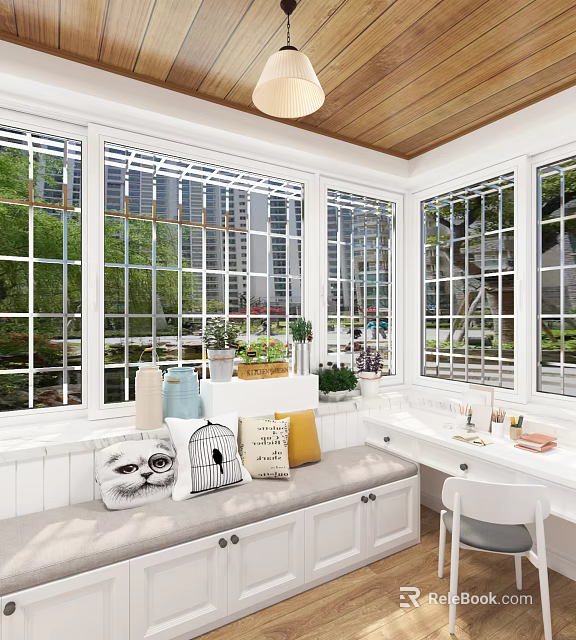 Bright Villa Balcony With Wooden Ceiling Large Windows Cozy Bench Cushions And Green Plants 3d model 