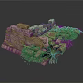 Modern Scenic Design with Stone Wall Ruins and Green Plant Accents