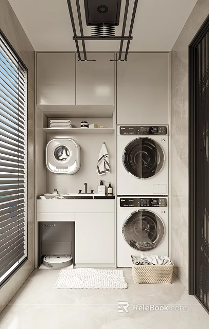 Modern Home Balcony Laundry Area With Stacked Washing Machine Dryer Sink And Shelf 3d model 