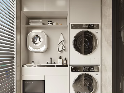Modern Home Balcony Laundry Area With Stacked Washing Machine Dryer Sink And Shelf 3d model