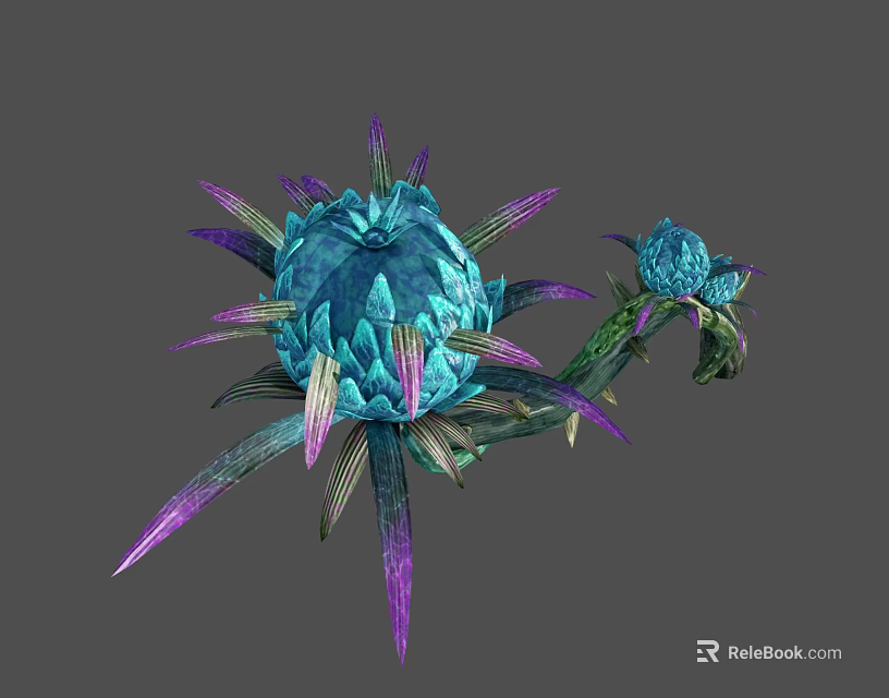 Exotic Natural Scene With Blue Purple Petals And Green Stem Plant 3d model 