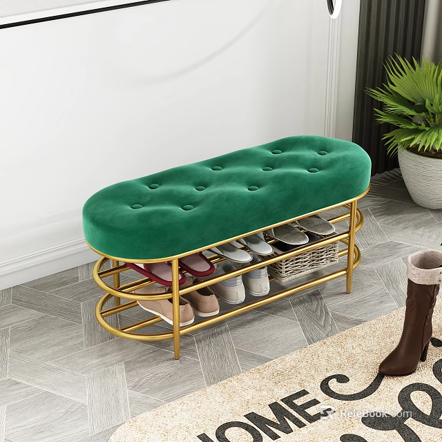 Green Tufted Velvet Storage Bench With Gold Metal Frame For Shoes Organizing 3d model 