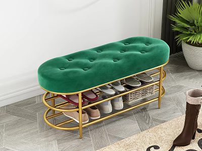 Green Tufted Velvet Storage Bench With Gold Metal Frame For Shoes Organizing 3d model