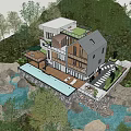 Modern Guesthouse Building Featuring Wooden Gray Exterior Large Windows Balconies and Swimming Pool with Greenery