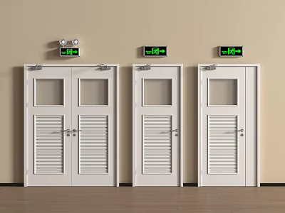 Modern White Double Doors With Glass Panels And Green Exit Signs 3d model