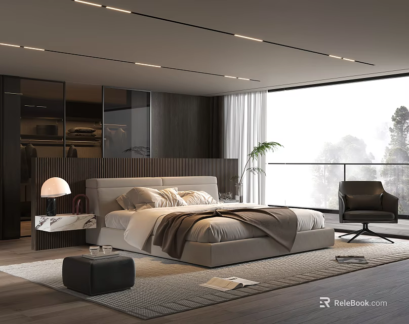 Elegant Modern Bedroom Interior With Soft Bed Nightstand Lamp Large Window Plant And Comfortable Chair 3d model 