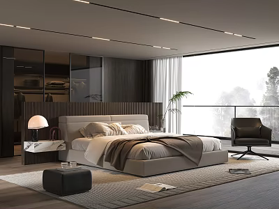 Elegant Modern Bedroom Interior With Soft Bed Nightstand Lamp Large Window Plant And Comfortable Chair 3d model