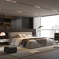 Elegant Modern Bedroom Interior With Soft Bed Nightstand Lamp Large Window Plant And Comfortable Chair