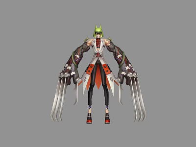 Game and Movie Character With Green Hair And Mechanical Arm Blades In Red Black Outfit 3d model