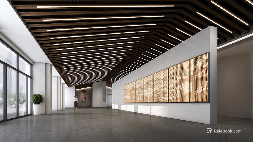 Spacious Modern Hall Interior With Wooden Striped Ceiling Lighting And Decorative Textured Panels 3d model 