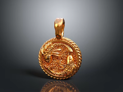 Golden Circular Pendant as Daily Life Accessory with Intricate Dragon Phoenix Carvings and Decorative Border 3d model