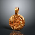 Golden Circular Pendant as Daily Life Accessory with Intricate Dragon Phoenix Carvings and Decorative Border