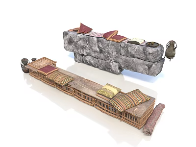 Ornate Wooden and Stone Daybeds with Striped Red Cushions and Carved Details 3d model