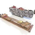 Ornate Wooden and Stone Daybeds with Striped Red Cushions and Carved Details