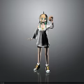 Kid in White Long Sleeve Shirt Black Shorts Holding Donut with Yellow Sneakers Standing Pose