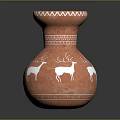 Red Terracotta Vase With White Deer Patterns Zigzag Trim And Geometric Decorations
