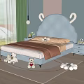 Kids Bed With Gray Sheep Horn Headboard Yellow Pink Bedding Plush Toys In Cozy Bedroom