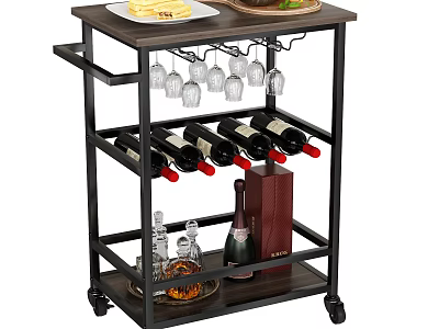 Multi tiered Wine Rack Cart With Wheels Hanging Wine Glasses And Red Wine Bottles 3d model