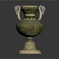 Carved Vase Sculpture with Green Glaze and Animal Head Handles on Beige Base