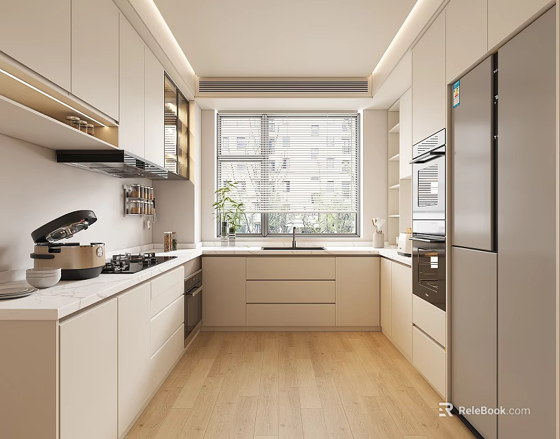 Modern Kitchen Interior Design With White Cabinets Stainless Steel Appliances And Light Wooden Floor 3d model 
