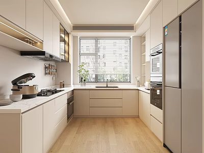 Modern Kitchen Interior Design With White Cabinets Stainless Steel Appliances And Light Wooden Floor 3d model