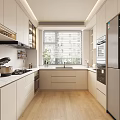Modern Kitchen Interior Design With White Cabinets Stainless Steel Appliances And Light Wooden Floor