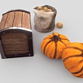 Fresh Garden Vegetables Pumpkins and Potatoes in Wooden Chest and Burlap Sack