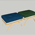 Two Blue and Green Upholstered Ottomans with Tufted Seats and Metal Legs on Wooden Floor