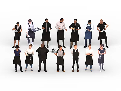 Diverse Group Of Restaurant Staff In Aprons Holding Trays And Wine Bottles 3d model