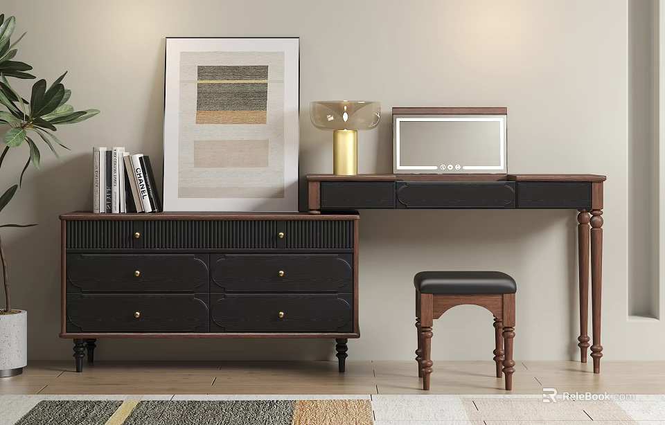Elegant Wooden Dressing Table With Black Drawers Gold Lamp Books Picture Frame And Stool 3d model 