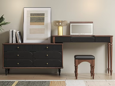 Elegant Wooden Dressing Table With Black Drawers Gold Lamp Books Picture Frame And Stool 3d model