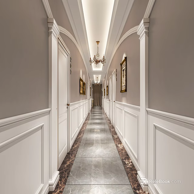 Elegant Elevator Hallway With Chandelier Framed Artworks Gray Walls And Marble Floor 3d model 
