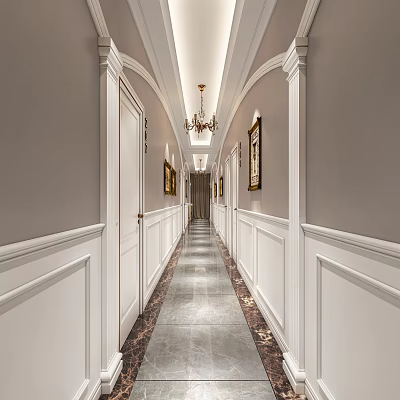 Elegant Elevator Hallway With Chandelier Framed Artworks Gray Walls And Marble Floor 3d model