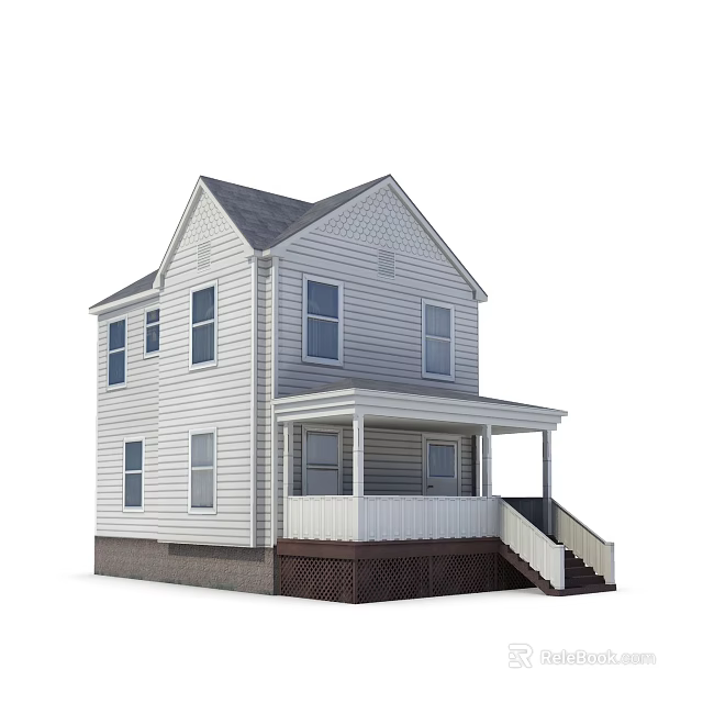 Two Story Detached House With White Exterior Gray Roof And Front Porch 3d model 