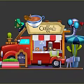 Cartoon Red Food Truck Serving Coffee With Umbrella And Plants