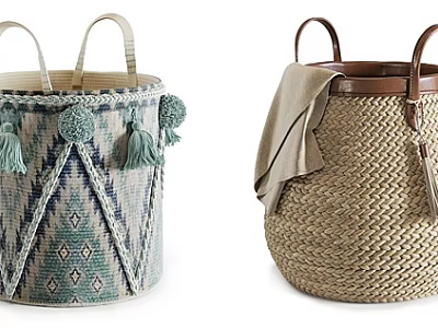 Decorative Woven Storage Baskets With Tassels And Leather Handles 3d model