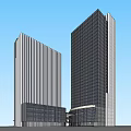 Modern Office Building Exterior With Glass Curtain Walls Sky Bridge And Stone Facade