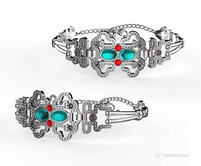 Silver Bracelet with Intricate Filigree Design Green Gemstones and Red Accents Elegant Jewelry Piece 3d model 