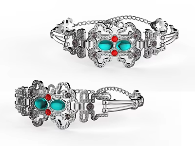 Silver Bracelet with Intricate Filigree Design Green Gemstones and Red Accents Elegant Jewelry Piece 3d model