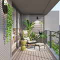 Home Balcony with Wooden Floor Green Plant Wall Seating Area and City View