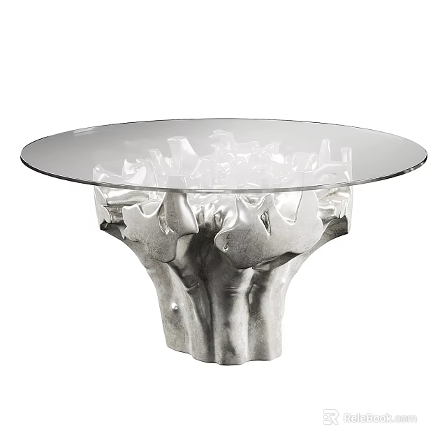 Modern Glass Top Dining Table With Silver Sculptural Base Design 3d model 