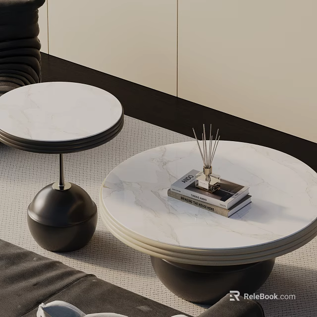 Modern Sofa Coffee Table Set with Round White Marble Tabletops and Black Bases 3d model