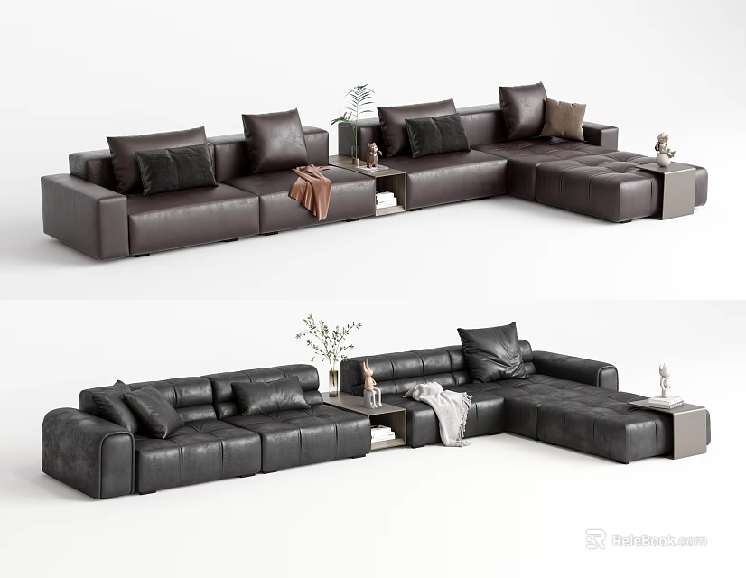 Dark Leather L Shaped Sectional Sofa with Multiple Cushions and Side Tables 3d model