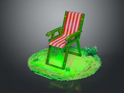 Red Striped Leisure Chair With Green Frame On Green Platform And Small Plants 3d model