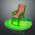 Red Striped Leisure Chair With Green Frame On Green Platform And Small Plants