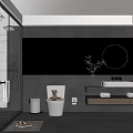 Modern Bathroom Interior Design With Glass Shower Circular Mirror White Toilet Vanity And Potted Plant