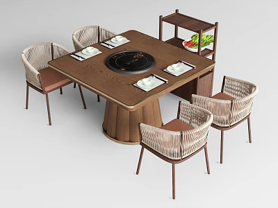 Wooden Square Dining Table Set With Black Circular Center Rattan Chairs And Side Shelf 3d model